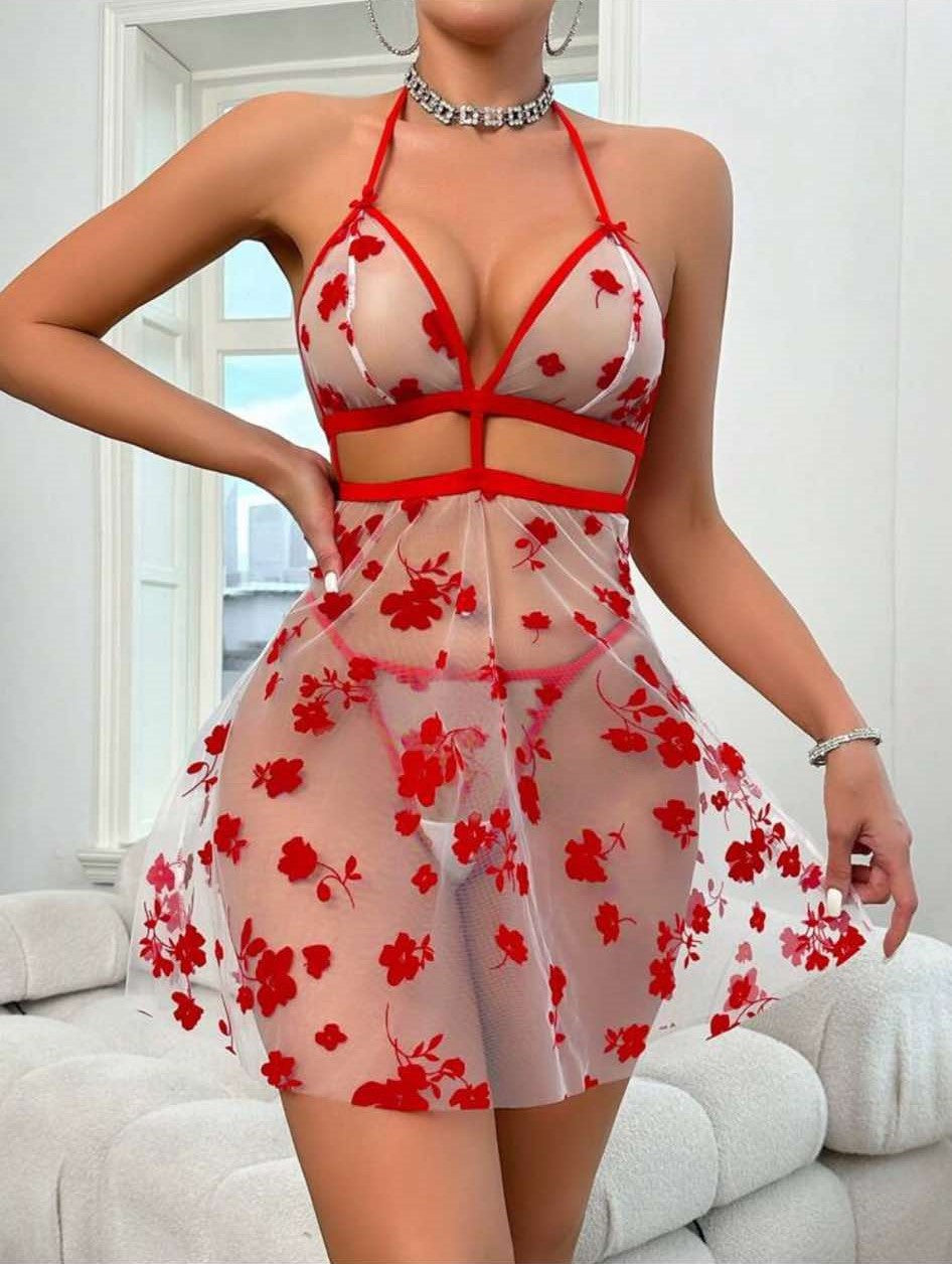 Red Floral Sheer Lingerie Dress for Women – Sexy Nightdress