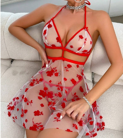Red Floral Sheer Lingerie Dress for Women – Sexy Nightdress